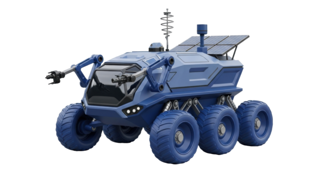 Isolated rover vehicle with robotic arm and antenna ready for exploration, discovery mission