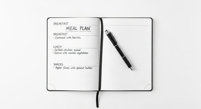 Meal planning notebook healthy eating diet plan food journal recipe book weekly menu organizer pen on table