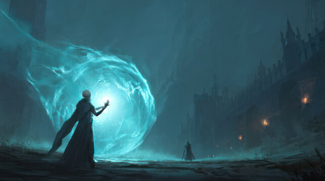 Eerie digital painting showing a sorcerer conjuring magical energy near a dark castle