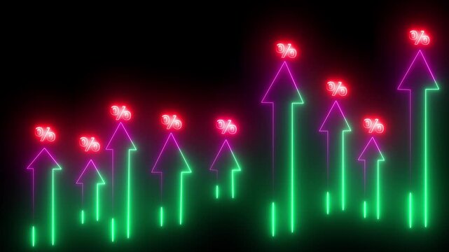 dynamic Interest rate increase concept. Businessman use a Neon up arrow concept.  percentage symbol symbolizing rising&nbsp;interest&nbsp;rates....