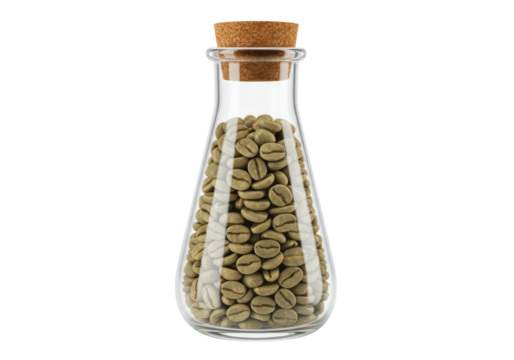 Isolated conical flask full of green coffee beans with a cork stopper; studio shot
