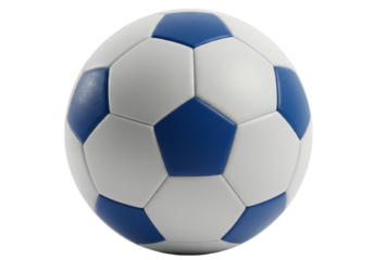 Isolated soccer ball featuring blue and white pentagons, studio shot, classic sporting good