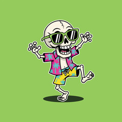 Funny vector illustration of a relaxed Miami style skull wearing sunglasses, The skull appears to be dancing happily with a cheerful expression on a green background. This design combines horror and h