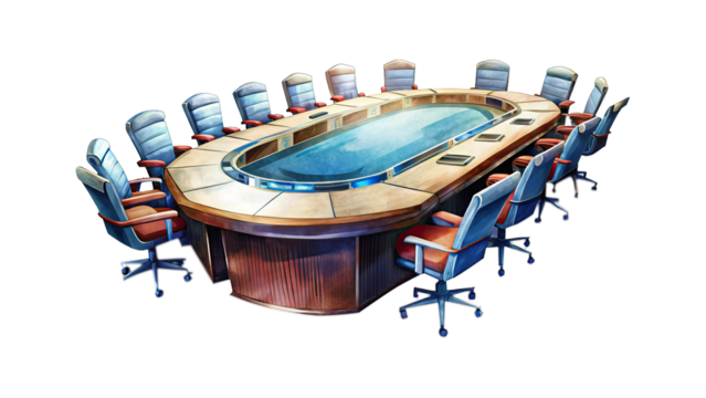 A futuristic conference room with a large oval table and multiple chairs