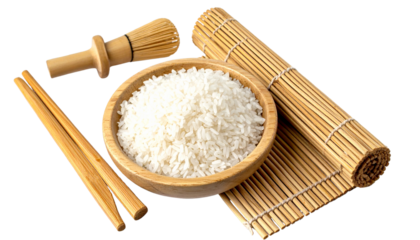 Authentic Japanese Sushi Making Set with Wooden Utensils and Rice