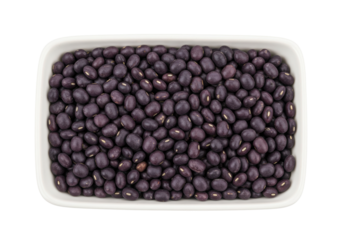 Isolated serving of raw black adzuki beans in container ready for cooking, healthy legume