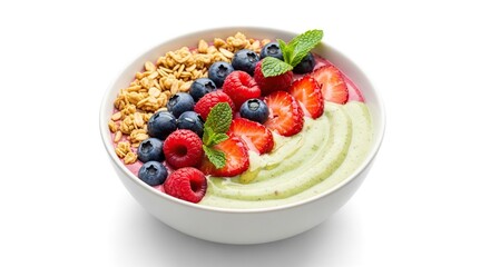Delicious healthy smoothie bowl recipe with granola berries and mint for breakfast or dessert ideas