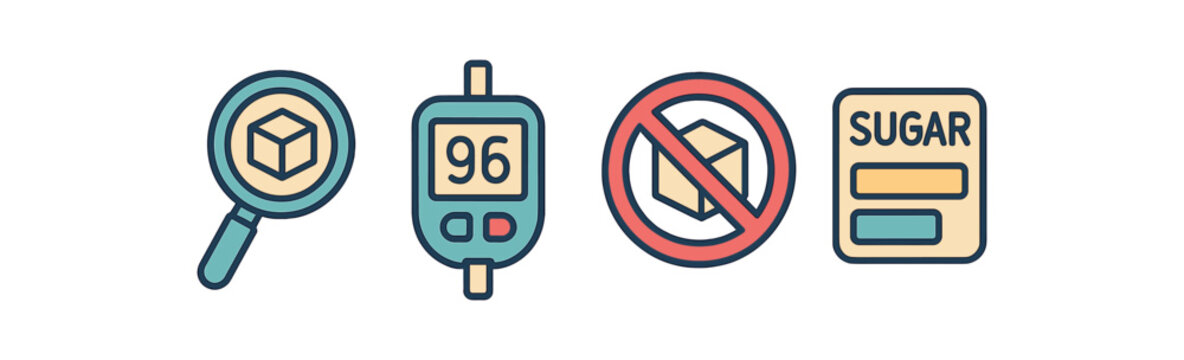 outline colorful icon 4 isolated on transparent background flat vector illustration style sugar awareness theme including magnifying glass over sugar cube sugar meter no sugar warning sign