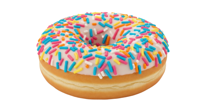 Isolated donut with vanilla frosting and colorful sprinkles for dessert or snack time