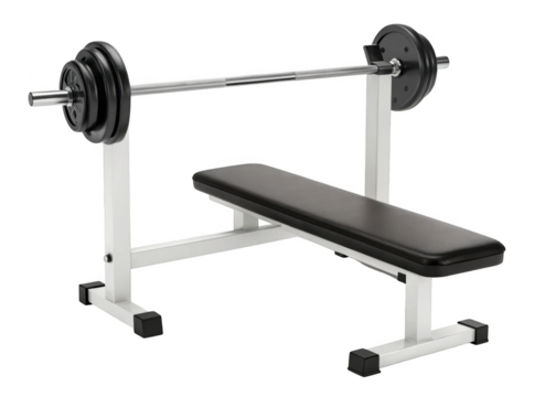 White weight bench with barbell isolated on transparent background for exercise