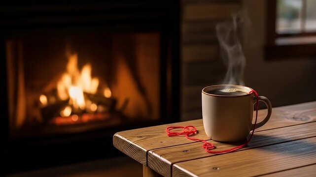 Steaming coffee mug with red string sits on a wooden table before a warm fireplace