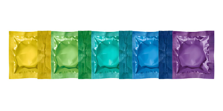 Condoms in Spectrum: A row of colorful condoms arranged in a spectrum, from yellow to purple, represents safety, protection, and awareness. They're a symbol of responsible behavior and sexual health. - Powered by Adobe