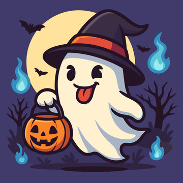 Cute Happy Ghost with Witch Hat and Pumpkin Bucket under Full Moon &ndash; Fun Halloween Illustration