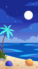 Nighttime beach scene with palm tree and moon light