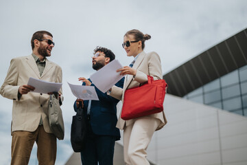 Group of diverse professionals reviewing important papers during a business meeting outdoors.