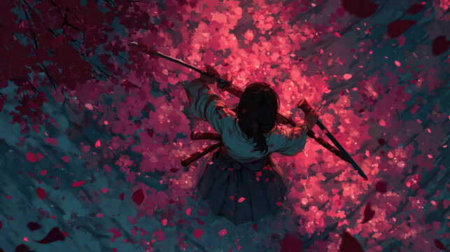 Girl from above wielding swords amid pink cherry blossom trees in a painterly style