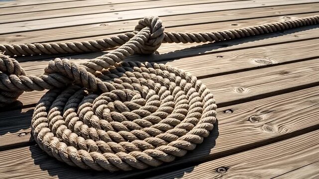 Coiled rope with knots rests on wooden dock planks in bright sunlight