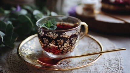 Fototapeta premium Glass teacup with mint tea and gold spoon