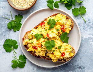 A top-down shot of scrambled eggs on toast with fresh herbs