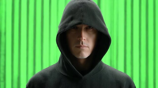 Man in Hood: The image showcases a man shrouded in a hooded sweatshirt, set against a vibrant green backdrop, evoking a sense of mystery and introspection.