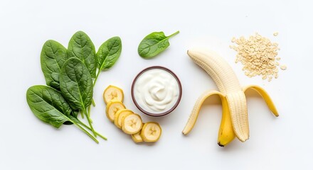 Healthy green smoothie ingredients spinach banana yogurt and oats for a nutritious breakfast meal prep