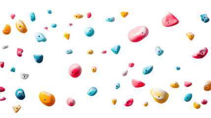 Climbing wall panels with colorful holds on transparent background