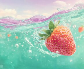 Pink strawberry floating in turquoise water with soft pastel sky reflections and gentle waves Concept of lightness and fruity freshness