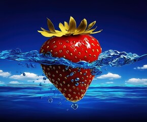 Half strawberry floating in clear blue ocean water with bubbles and sunlight reflections vibrant contrast between red fruit and deep sea Concept of freshness and summer flavor