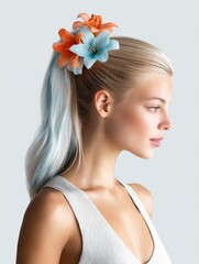 Blonde woman with blue gradient hair and orange flower accessory looking sideways on neutral background Concept of modern beauty and floral fashion