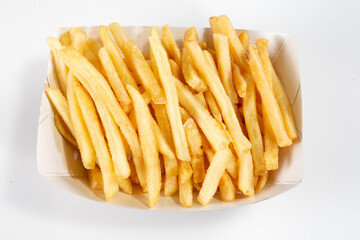 french fries paper box in white carton box isolated on white background topview