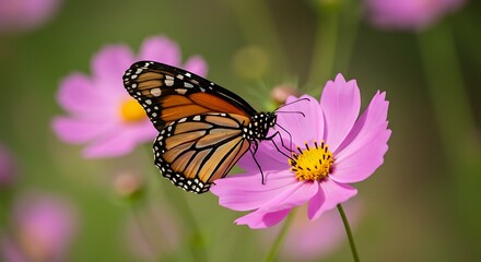 Fototapeta premium Monarch butterfly perched on pink flower in natural sunlight close up