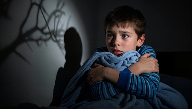 Frightened boy in bed at night is scared of a monster shadow on the wall. Terrified child suffering from nightmares, fear, and anxiety in the dark