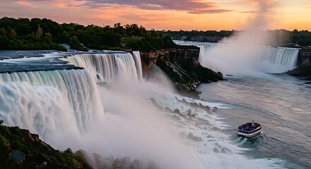 Majestic waterfall cascading over rocky cliffs at sunset with boat