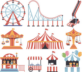 Colorful amusement park vector illustration with ferris wheel, roller coaster, circus tents, carnival rides, food stalls, and fun fair attractions for design.