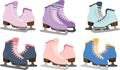 Colorful collection of ice skates in different styles and shades representing winter sports, skating hobby, fashion, and seasonal recreation.