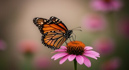 Fototapeta premium Monarch butterfly perched on vibrant pink flower natural light and soft focus