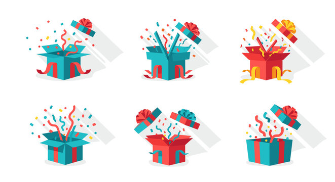 Open gift boxes with confetti and ribbons