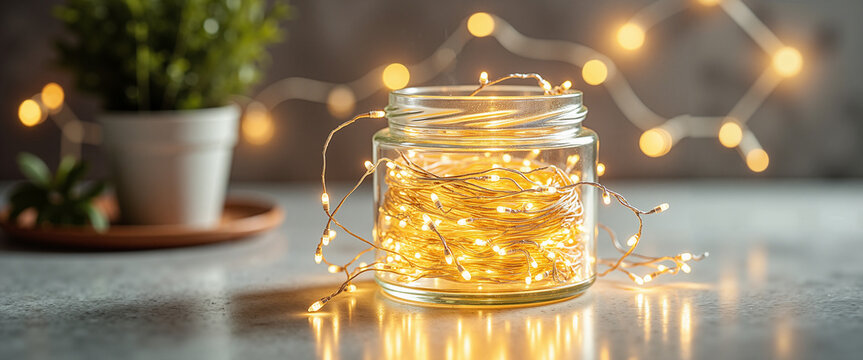 A string of fairy lights coiled inside a clear glass mason jar  