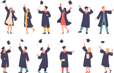 Happy students celebrating graduation ceremony wearing academic gowns and caps, throwing hats in the air symbolizing success, achievement, and joy.