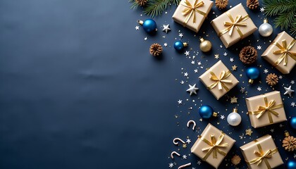 Festive christmas presents and decorations on a dark blue background surface