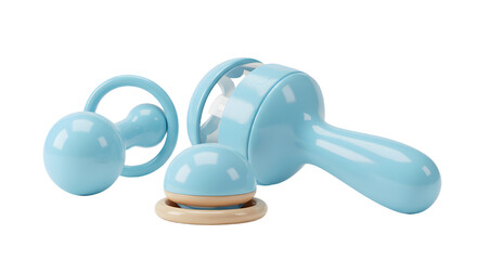Fototapeta premium BABY TOYS - Blue baby rattles on white background, infant toy set, newborn plaything, perfect for baby shower gifts and early development