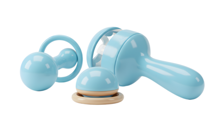 BABY TOYS - Blue baby rattles on white background, infant toy set, newborn plaything, perfect for baby shower gifts and early development