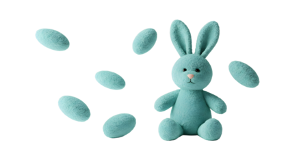 BABY TOYS - Blue plush bunny toy with scattered blue candy eggs isolated on black background, perfect for Easter themes and spring celebrations
