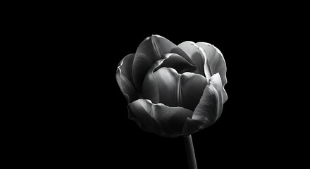 Monochrome tulip bloom against a black background for editorial and commercial use