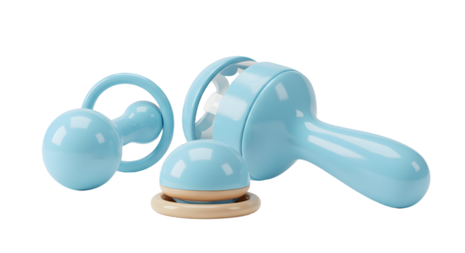 BABY TOYS - Blue baby rattles on white background, infant toy set, newborn plaything, perfect for baby shower gifts and early development