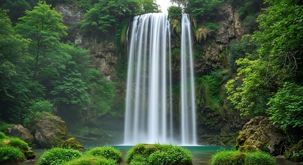 Majestic waterfall cascading through lush green forest with surrounding foliage