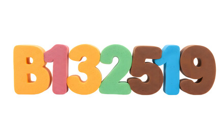 BABY TOYS - Colorful foam number digits 8 1 3 2 5 1 9 arranged in a row, isolated on white background, perfect for educational projects and learning materials