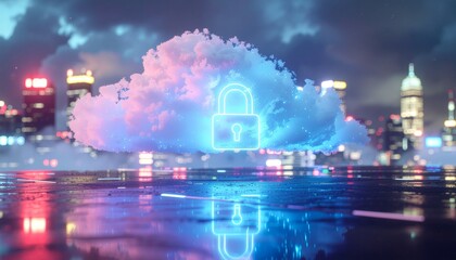 Digital cloud protected by padlock hologram
