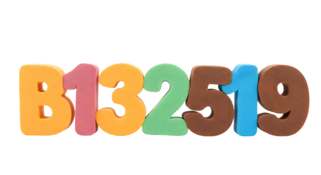 BABY TOYS - Colorful foam number digits 8 1 3 2 5 1 9 arranged in a row, isolated on white background, perfect for educational projects and learning materials