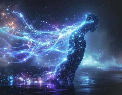 Digital human silhouette filled with binary codes and data flow - Powered by Adobe